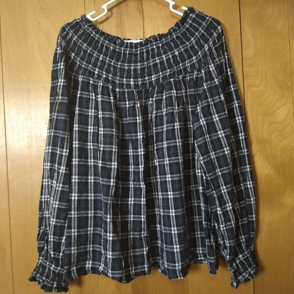 Universal Thread Size XL Off The Shoulder Smocked Plaid Pullover Blouse